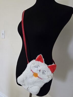 Cute White Plush Cat Crossbody Bag with Red Accents